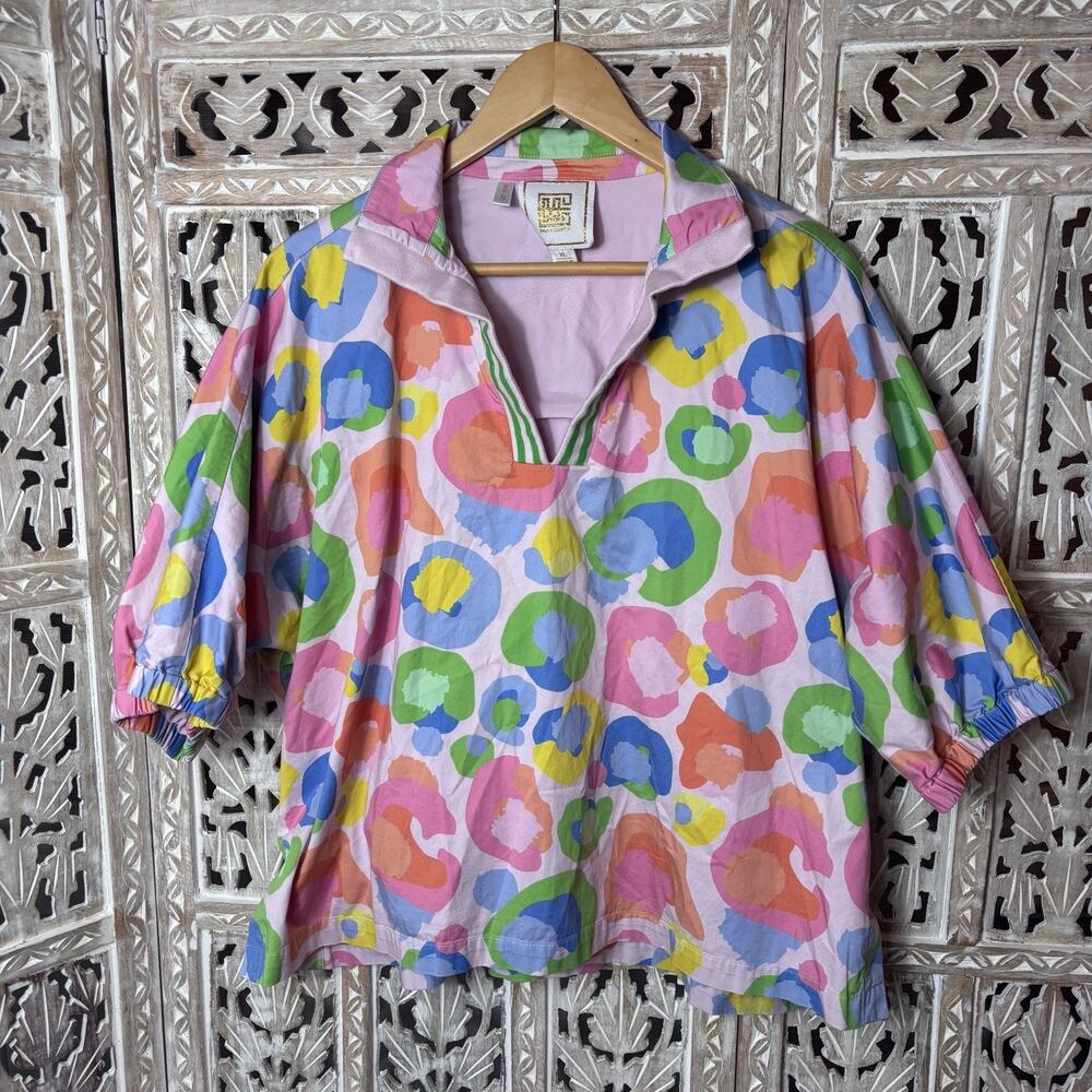 Emily McCarthy Size XL Abstract Leopard Dot Pullover Blouse Top Striped Preppy